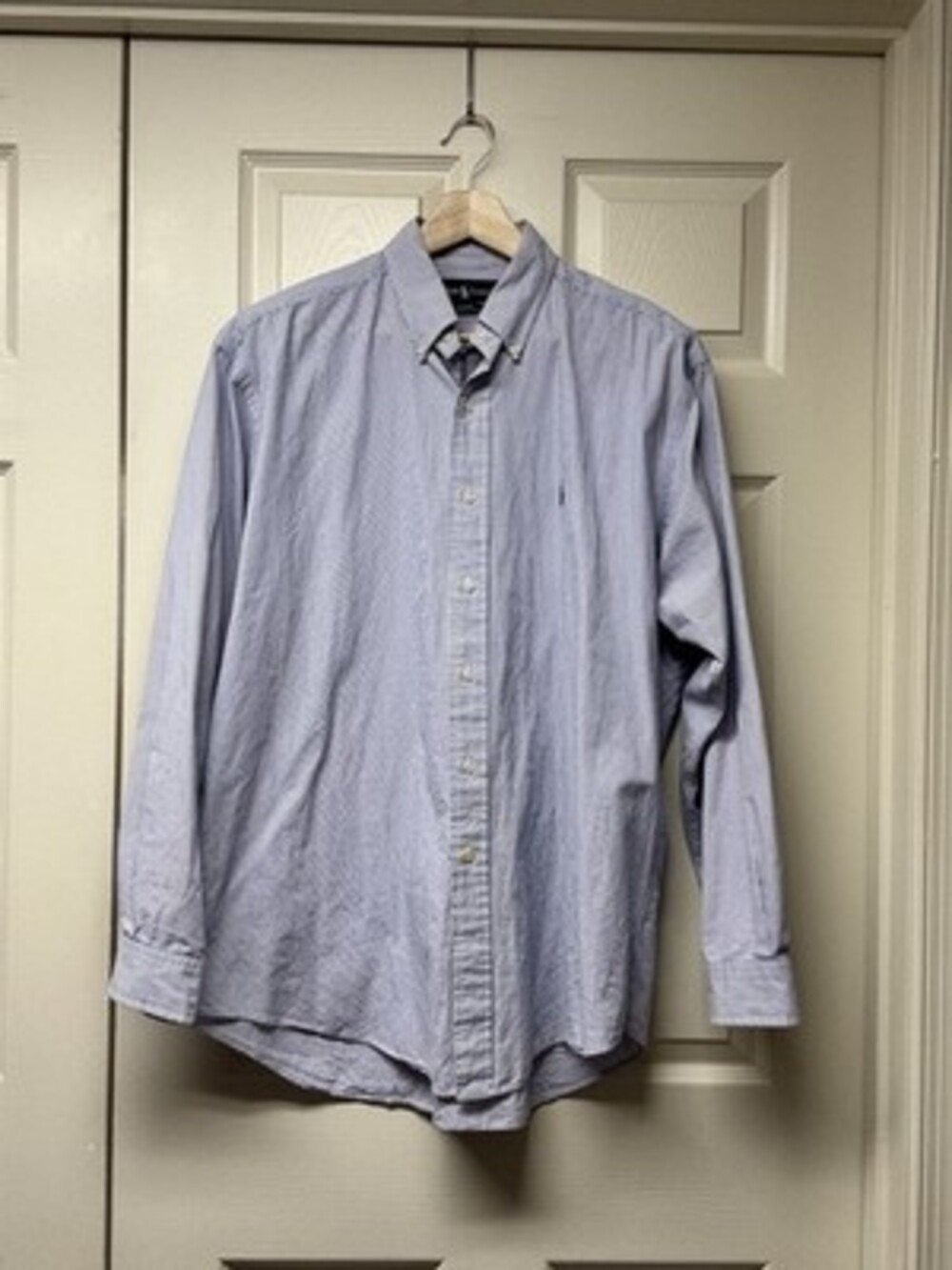 Ralph Lauren Men’s Blue White Pin Striped 2-Ply Cotton Button Down Shirt Size LG